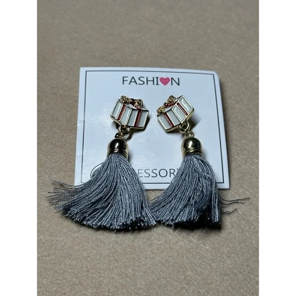 gold tone gift box charm gray tassel drop earrings holiday jewelry nwt new